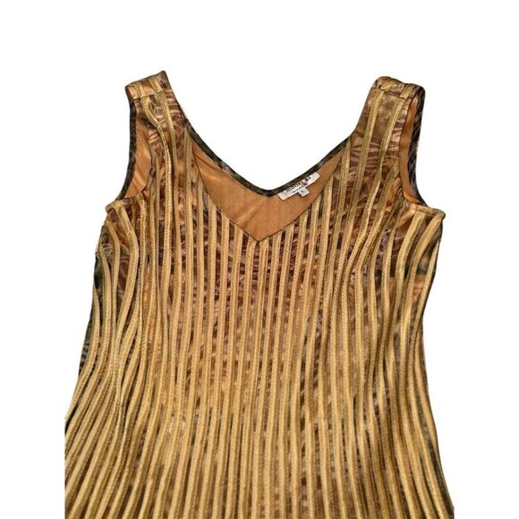 MODELLA Pleated Sleeveless Gold/ Multi-Color Print Overlay Midi Dress Size L - Picture 5 of 16